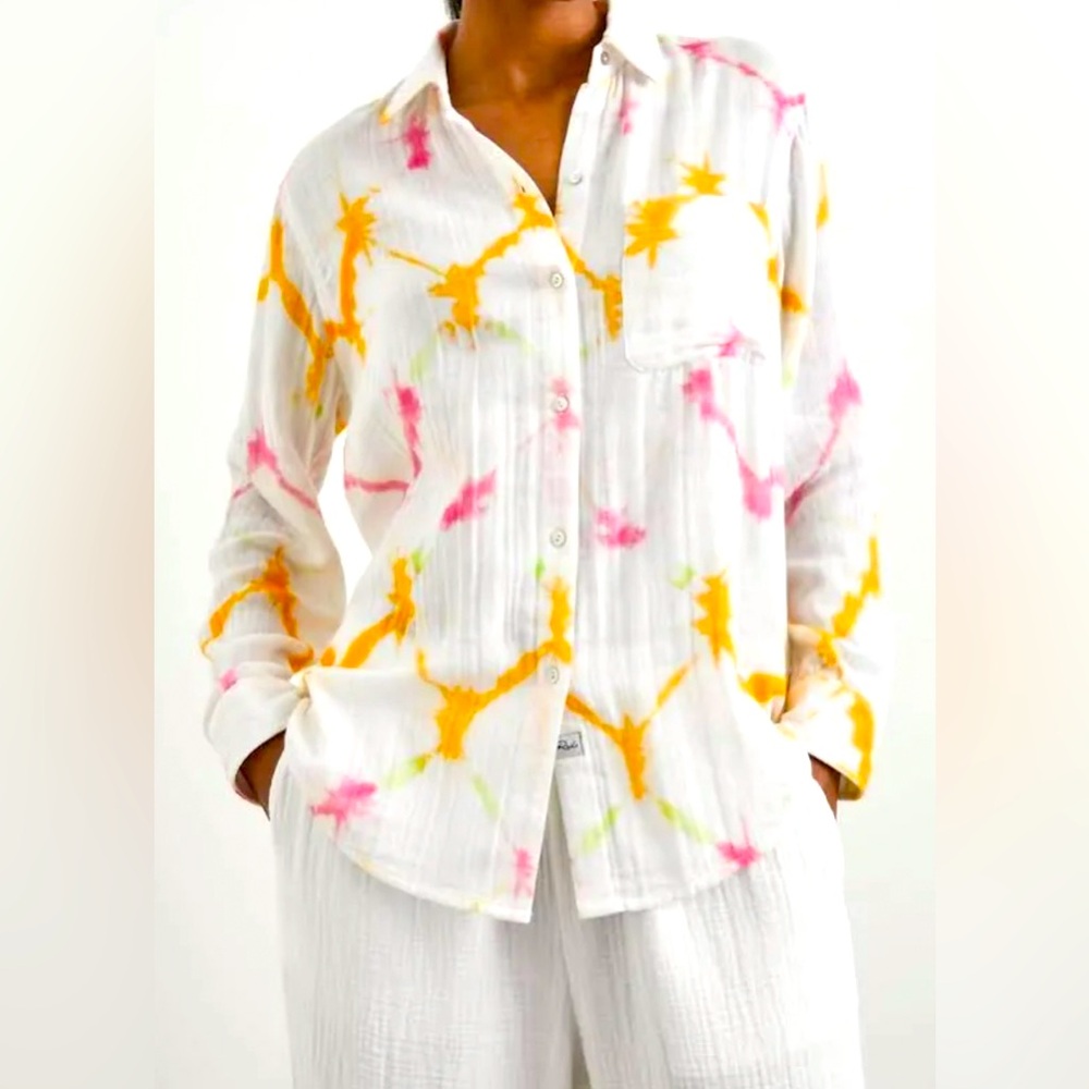 RAILS 2XL Ellis White Neon Kaleidescope White Cotton Gauze Long Sleeve ButtonUp